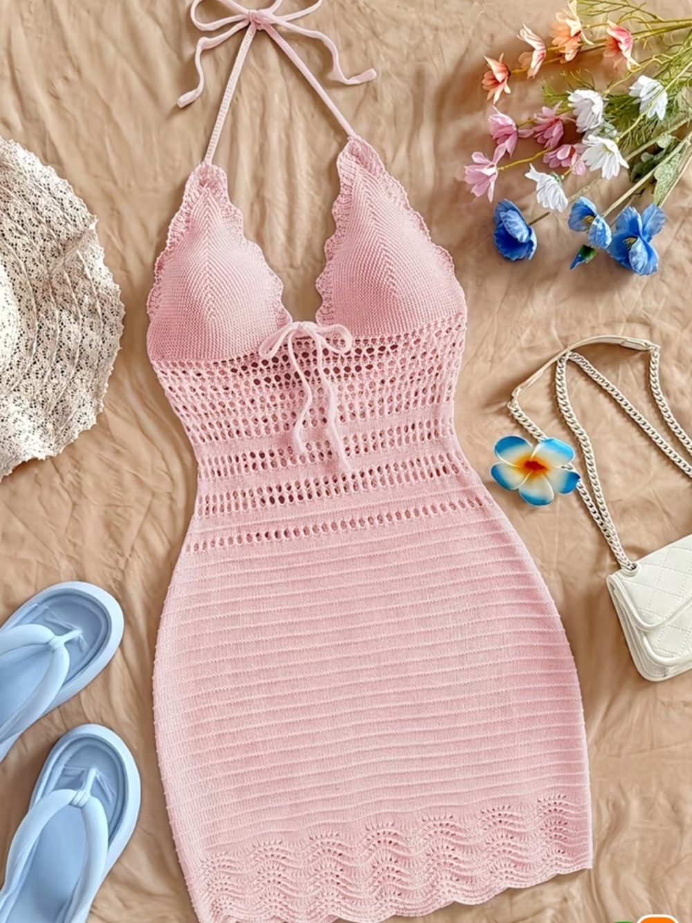 Affordable Fashion Finds Pink Crochet Halter Bodycon Dress - Picture 2 of 5